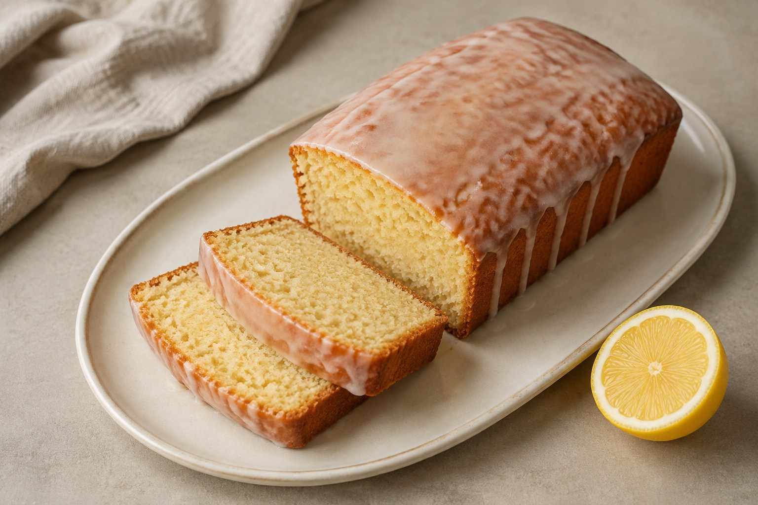 Sliced lemon yogurt loaf with a thin lemon glaze